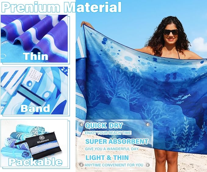 2 Pack Lightweight Thin Microfiber Beach Towel Sand Free Quick Dry Absorbent Compact Soft Pool Swim Travel Towels Extra Large Oversized Beach Accessories Packable Essentials Stuff Gifts for Adult