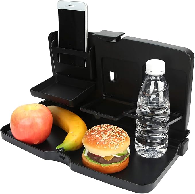 Car Food Tray Multi Functional Portable Folding Car Vehicle Seat Food Meal Snack Tray with Cup Holders and Storage Pocket for Travel Road Trips Plastic Compact Size