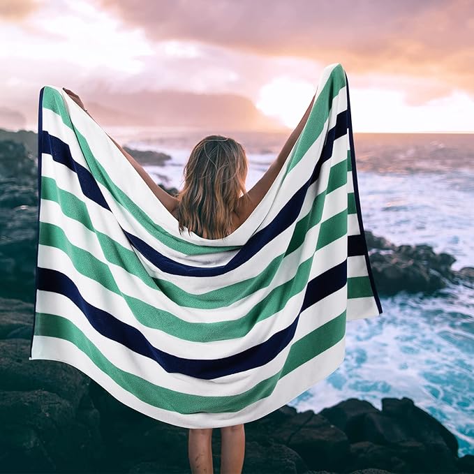 Cotton Oversized Beach Towel - Extra Large 40"X70" Plush Thick Pool Towel, XL Fluffy Stripe Beach Towels Teal Swimming Towel for Adults Mens Women (White Teal Blue)