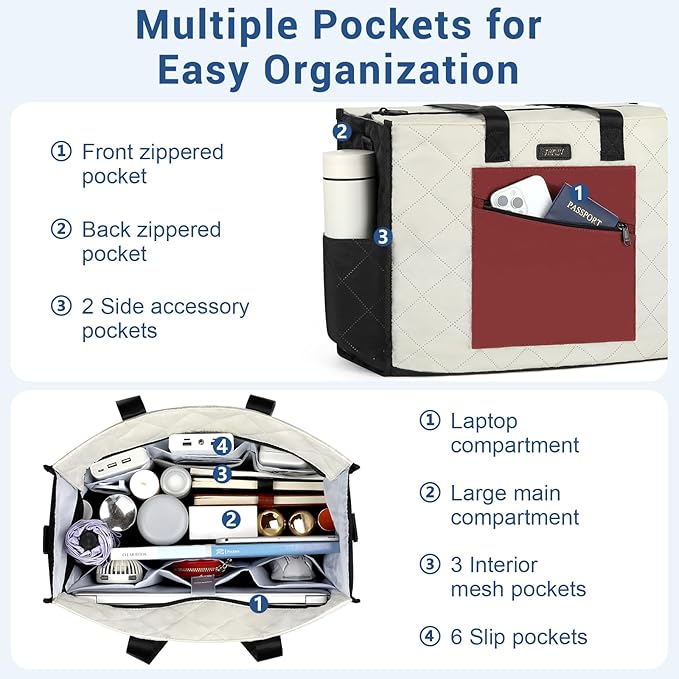 IBFUN Utility Tote Bag with 14/24 Pockets Zip Top Teacher Tote Bag for Teacher/Work Women