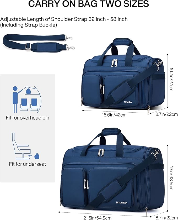 MILADA Underseat Carry On Luggage Bags for Travel Lightweight Foldable Carry On Bags for Airplanes Small Duffle Bag for Men Women Personal Weekend Overnight Travel Tote Bags, Blue