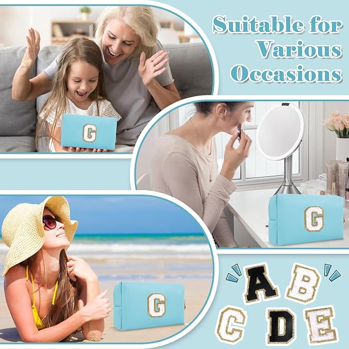 Small Personalized Initial A-Z Preppy Patch Makeup Bag,PU Chenille Letter Travel Cosmetic Pouch with Zipper,Blue Cute Toiletry Bag,Gift Ideal for Teen Girls Women Teacher Bridesmaid,Letter G