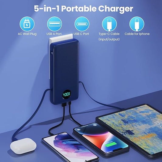 Portable Charger 33800mAh USB C Power Bank with Built-in Cables & AC Wall Plug,25W Fast Charging+QC 4.0 Phone Charger,4 Output Travel Essentials Battery Pack for iPhone16/15/14/13,Samsung,Android etc