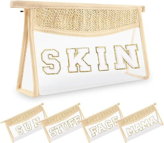 Small Boho Straw Clear Skin Makeup Bags for Women&Girls, Zipper Cosmetic Bag Chenille Varsity Letter Patch Bag, Preppy Cute Toiletry Pouch, Trendy Organizer Storage Bag for Beach Travel Essentials
