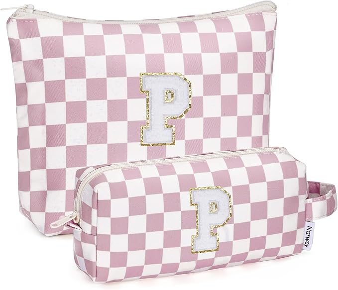 Narwey 2 Piece Personalized Initial Makeup Bag Checkered Cosmetic Bags, 6 8 10 11 12 13 14 16 18 Years Old Teen Girl Gifts Trendy Stuff Birthday Gifts for Women, Travel Toiletry Bag (Pink Letter P)