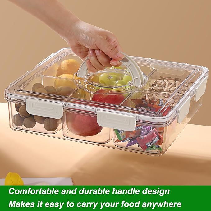 Taiuloo Divided Serving Tray with Airtight Lid and Handle, 6 Compartment Snackle Box Container, Portable Snack Platters, Clear Fridge Organizer & Food Storage for Veggie, Fruit, Charcuterie, Nuts