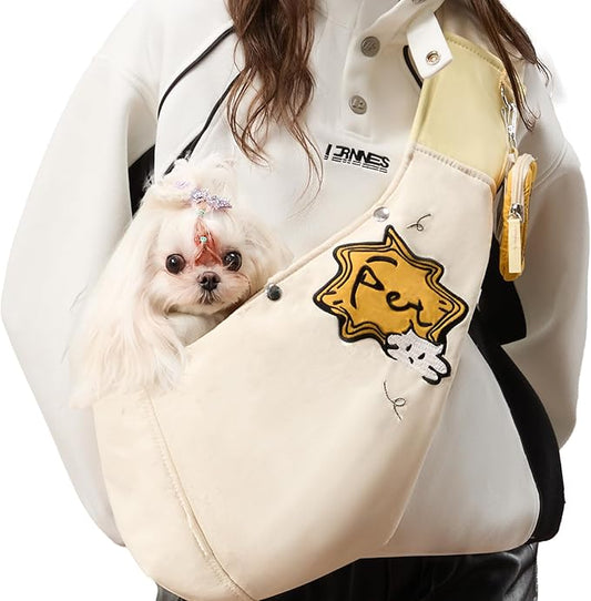 Dog Sling Carrier for Small Dogs & Cats (3-12 lbs) -Dual Lock Security Escape-Proof, Puppy Carrier with Adjustable Padded Strap & Free Detachable Wallet for Travel(White)
