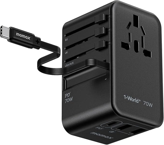 MOMAX Universal Travel Adapter, International Power Plug Adapter with 1 USB C (PD 70W), 2 USB A Ports, 1USB-C Cable (PD 70W), All-in-One Worldwide Wall Charger for USA European UK AUS (Type C/G/A/I)