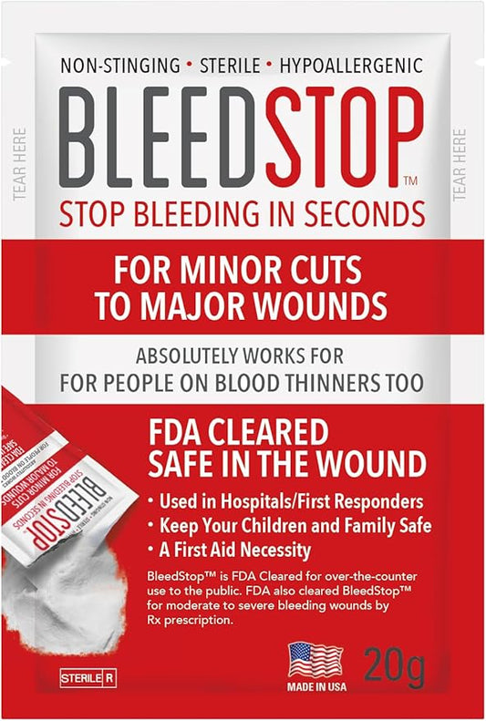 BleedStop™ First Aid Powder for Blood Clotting, Trauma Kit, Blood Thinner Patients, Camping Safety, and Survival Equipment for Moderate to Severe Bleeding Wounds or Nosebleeds - 2 (20g) Pouches