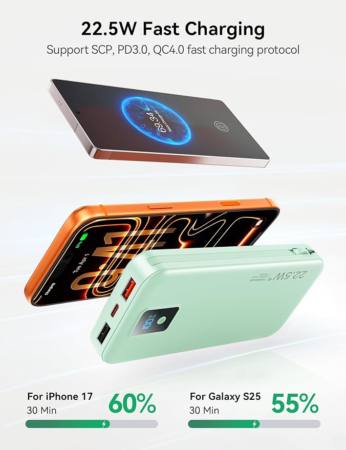 Portable Power Bank, 12000mAh 22.5W Fast Charging Phone Charger with Built-in Cables & Wall Plug, Travel Essential Battery Pack with LED Display, USB C Battery Charging Bank for iPhone, Samsung Green