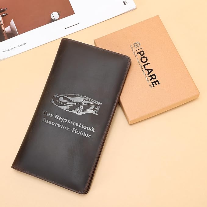 Polare Vintage Full Grain Leather Car Registration and Insurance Card Holder, Vehicle Glove Box Organizer Car Essentials RFID Wallet Case for Driver License, Cards & Documents