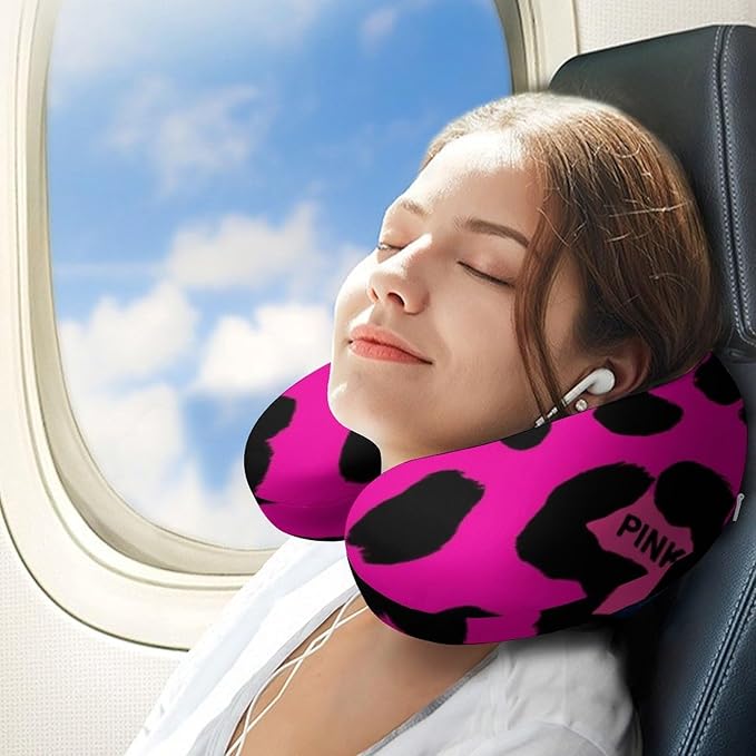 Breathable U-Shaped Neck Pillow Memory Foam Travel, Cheetah Lignt Pink Leopard U-Shape, Machine Washable Support Home Office