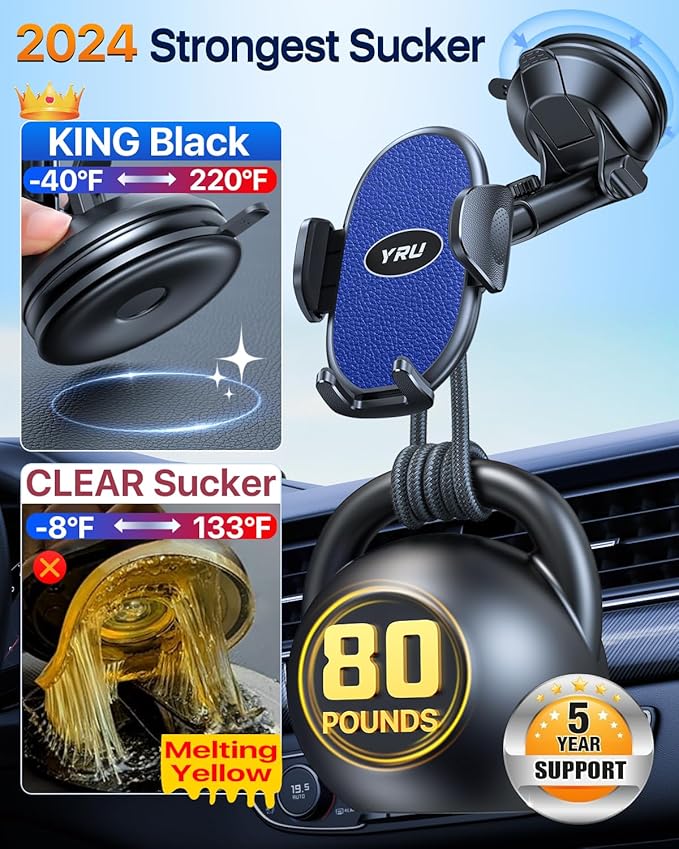 YRU [2025 Upgraded Universal Car Phone Holder Mount【360°Rotatable & Strong Suction】 Cell Phone Car Dashboard Windshield Phone Holder Dash Vent Stand for iPhone 17 16 Pro Max Samsung Truck, Light Blue