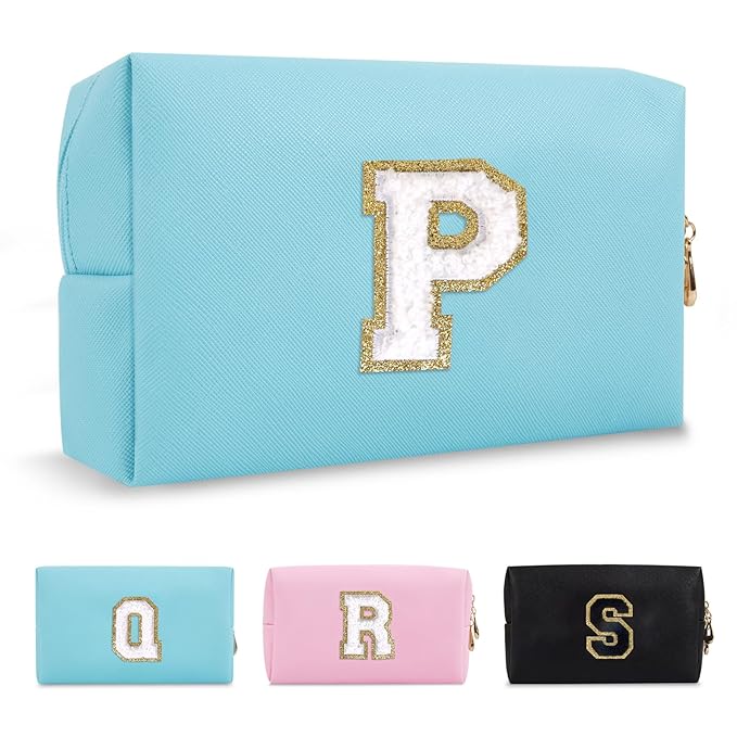 Small Personalized Initial A-Z Preppy Patch Makeup Bag,PU Chenille Letter Travel Cosmetic Pouch with Zipper,Blue Cute Toiletry Bag,Gift Ideal for Teen Girls Women Teacher Bridesmaid,Letter P