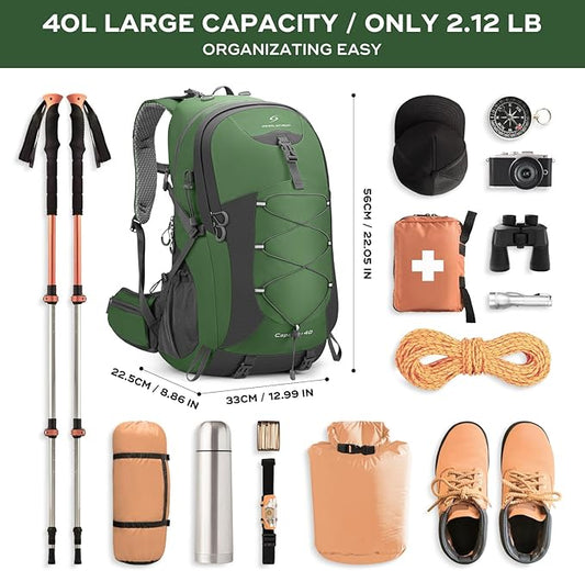 Maelstrom Hiking Backpack,Camping Backpack,40L Waterproof Hiking Daypack with Rain Cover,Lightweight Travel Backpack,Green