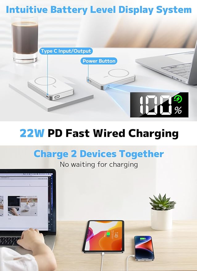 for Magsafe Portable Charger,10000mAh Power Bank with Type-C 20W PD Fast Charging, Lightweight and Slim, LED Display for Magsafe Battery Pack for iPhone 17/16/15/14 All Series, White