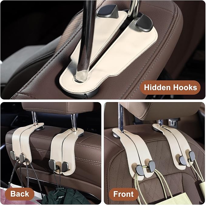 CoBak Headrest Hooks for Car - Universal Premium Stitched Leather and Aluminum-Magnesium Alloy Double Car Seat Back Storage Hook for Purses, Handbags, Bags (2 Pack),Beige