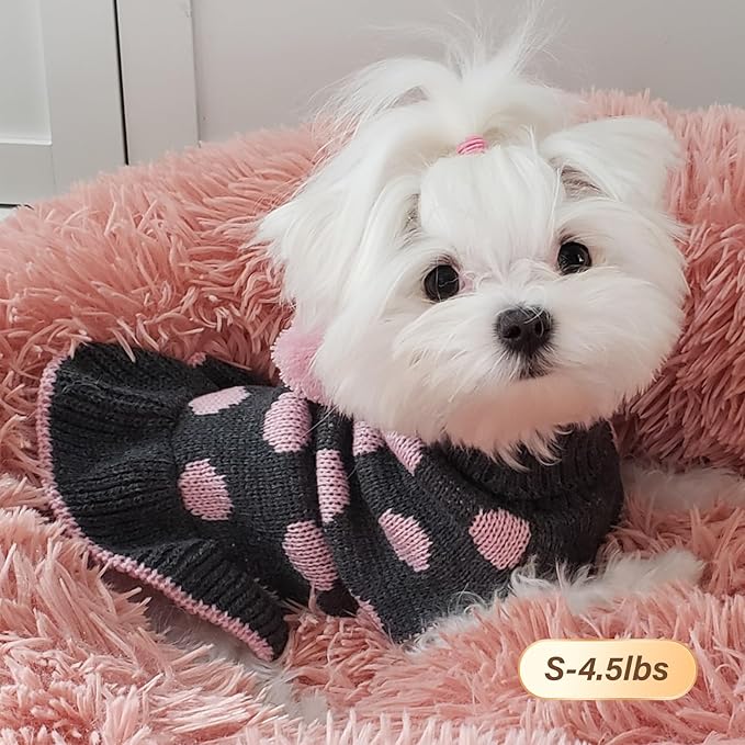 KYEESE Dog Sweater Dress Polka Dot Dog Sweater for Girl with Leash Hole Knit Warm Dogs Clothes with Pom Pom Ball for Fall Winter