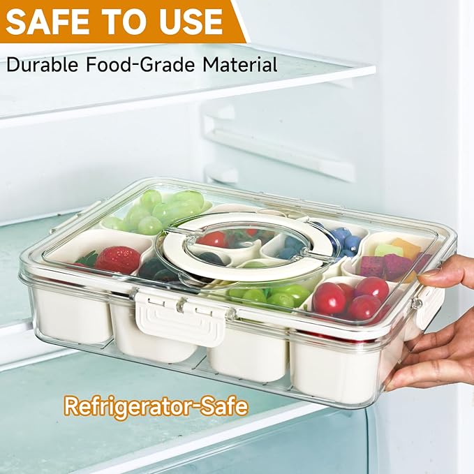 Yuroochii Snackle Box Container, Portable Snack Box 8 Compartment Divided Serving Tray with Lid & Handle, Clear Snack Charcuterie Platter for Travel Candy Party Fruit Salad (White)