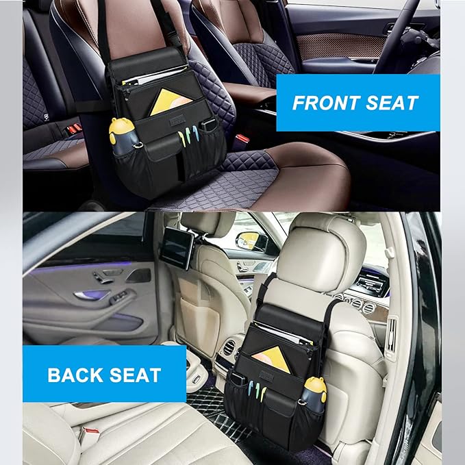 Car Front Seat Organizer| Efficient Car Organizers and Storage | Laptop,Tablet Pockets, Adjustable Straps,Kid-Friendly, Multi-Pocket, Cup Holders, Sturdy and Durable, Black