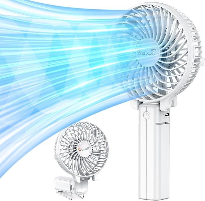 VersionTECH. Portable Handheld Fan, Powerful+Durable+4000mAh+180° Foldable, Mini Table Fans with USB Rechargeable Battery Operated Cooling Accessories for Personal Use, Travel, Office White