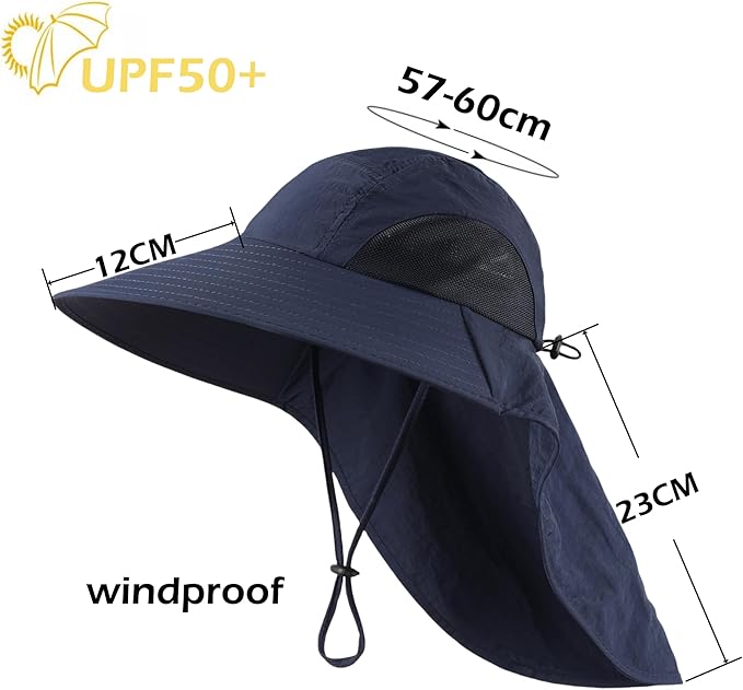 LLmoway Wide Brim Sun Hat with Neck Flap for Men Women Summer Outdoor UV Protection Breathable Fishing Hats with Strap