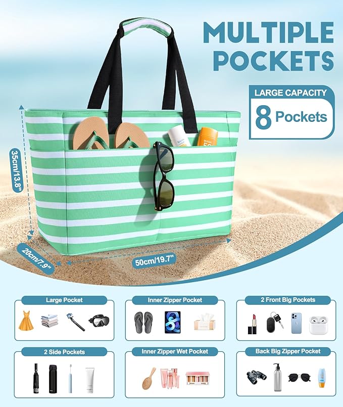 Extra Large Beach Bag Waterproof Beach Totes Bags for Women, Lightweight Foldable Pool Bag with Zipper Wet Compartment