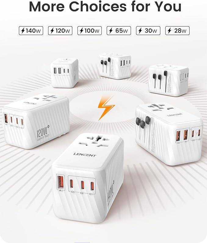 LENCENT Universal Travel Power Adapter, International AC Plug Adaptor with 5.6A 3 USB C 2 USB A Ports Wall Charger Worldwide Travel Essentials for US to EU UK Ireland Australia (Type C/G/A/I) White