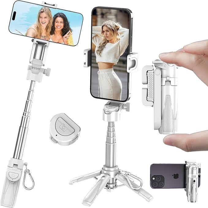Mini Selfie Stick Tripod, 41.5cm Extendable Grip Phone Tripod with Detachable Remote Pocket Size, 4-in-1 Mini Phone Grip, 10m Wireless Shutter, Vlog Livestreaming Photography （White）