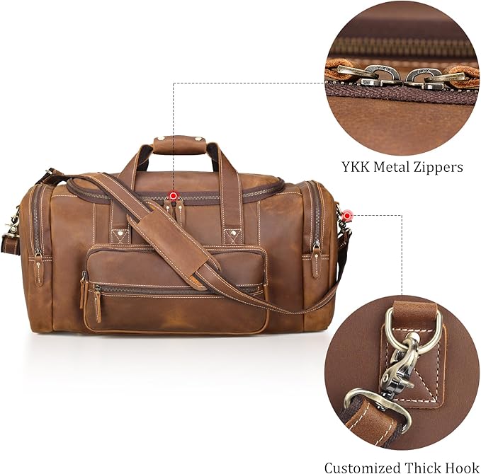 Polare 23" Full Grain Cowhide Leather Gym Duffle Weekender Overnight Travel Duffel Bag For Men