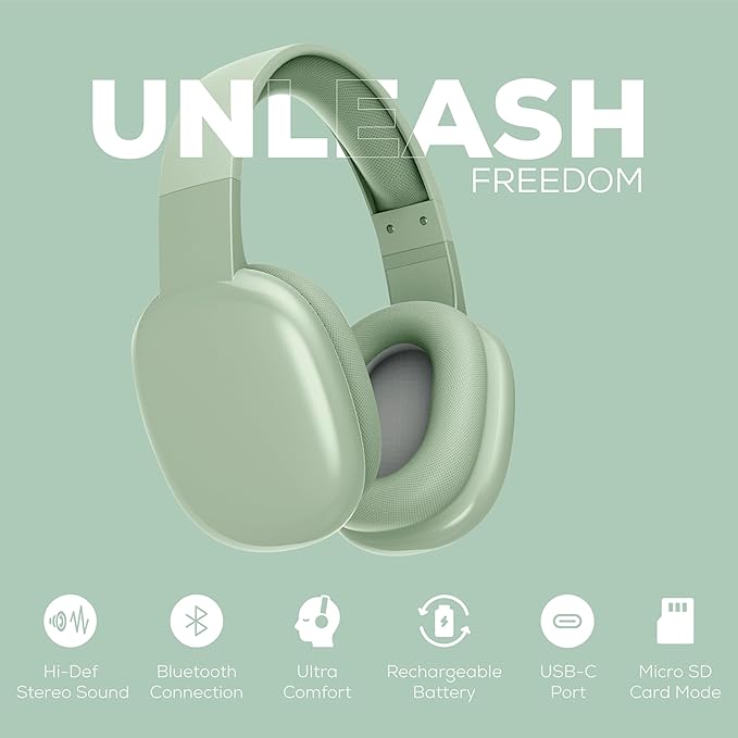 Gabba Goods Wireless Over Ear Bluetooth Headphones with Microphone - Wireless Headset -Noise Reduction - Bluetooth, Wired,Built in Micro SD for Travel, Home, Work TV,PC,Gaming,Cellphone (Mint)