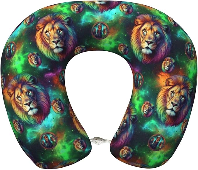 Neck Pillows for Travel Green Galaxy Lion, Women and Men Airplane Car Pillow, Neck Support U Shaped Pillow for Rest Pain Relief Sleeping