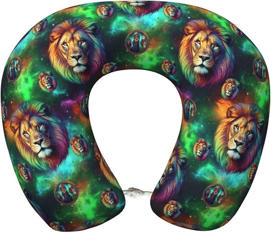 Neck Pillows for Travel Green Galaxy Lion, Women and Men Airplane Car Pillow, Neck Support U Shaped Pillow for Rest Pain Relief Sleeping