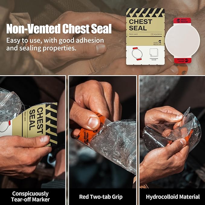 RHINO RESCUE Chest Seal Non-Vented, Sterile Emergency Trauma Dressing, Occlusive Adhesive Pad, IFAK Refill & Medical First Aid Supplies for Wound Care, Gunshot Wound, Sucking Chest (6 Count)