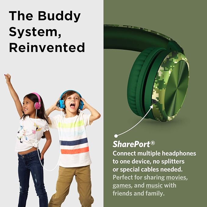 LilGadgets Connect+ Pro Wired Kids Headphones for School with Microphone, Volume Limiting Over-Ear Headset with Cord, SharePort Technology & SoftTouch Padding, Green Digital Camo