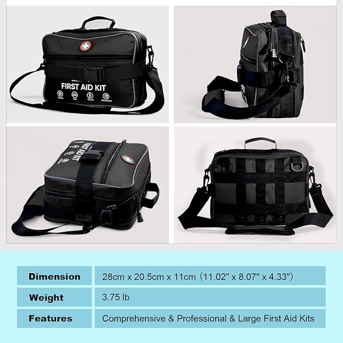 Professional 435 Pieces Large First Aid Kit - Includes Compressed Gauze - Compartments Emergency Medical Kit for Home, Camping, Backpacking, Travel, Boat, Car,Outdoors (Black)