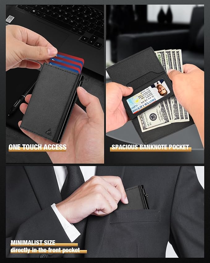 Mens Wallet Card Holder - Pop Up Aluminum Case, Premium Flexible Microfiber Leather, Smart Wallet for Men, RFID Blocking, Slim, Minimalist, Front Pocket - 9-14 Card Capacity | ID Window | Cash Slot