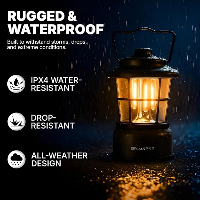 LUXPRO Retro LED Lantern - Battery-Powered Emergency Lantern - Water Resistant - Bright LED Lamp for Indoor & Outdoor Use - Use for Tents, Hiking or Hurricane Prep (Black, Pack of 2)