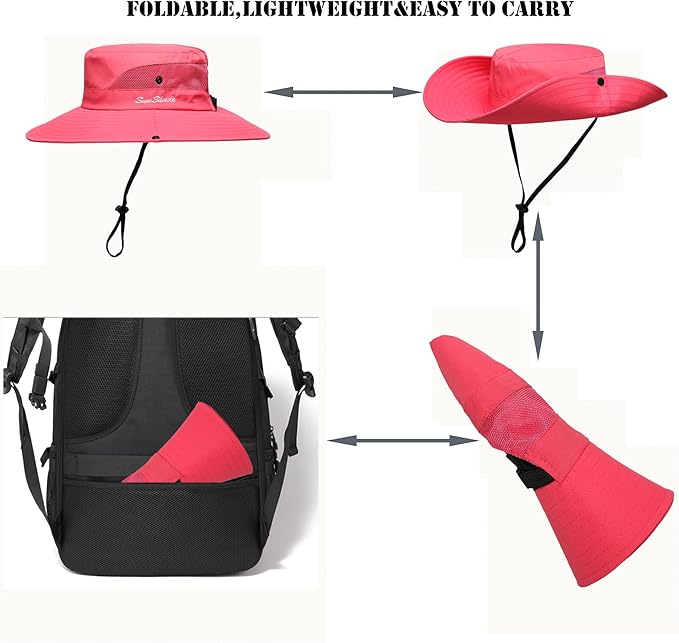 Womens Summer Sun Hat Beach Hat Wide Brim Outdoor UV Protection Hat Foldable Cool Mesh Ponytail Bucket Hat