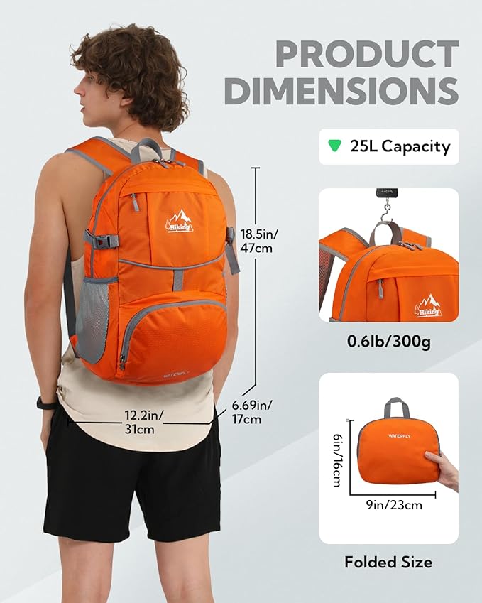 WATERFLY Hiking Packable Daypack Backpack: 25L Ultra Lightweight Day Pack for Woman Man - Small Compact Folding Back Pack for Outdoor Sport Cycling Camping Travel Trip - Orange