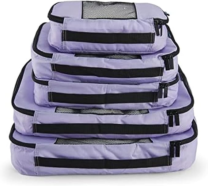 TravelWise Luggage Packing Organization Cubes 5 Pack, Lavender, 2 Small, 2 Medium, 1 Large (TWPC-27)