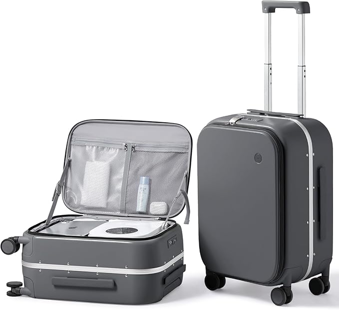 mixi 20 Inch Carry On Luggage 22x14x9 Airline Approved PC Hard Shell Suitcase Top Opening Aluminum Frame Travel Suitcases with Wheels, Rock Gray