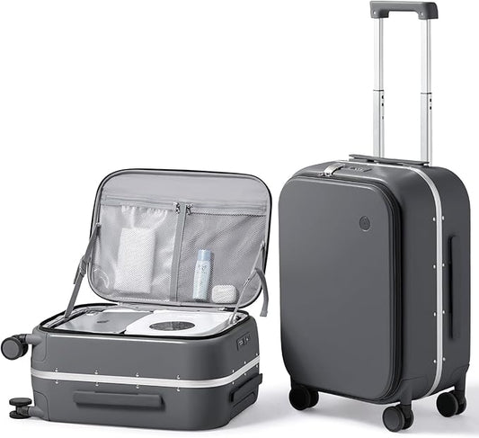 mixi 20 Inch Carry On Luggage 22x14x9 Airline Approved PC Hard Shell Suitcase Top Opening Aluminum Frame Travel Suitcases with Wheels, Rock Gray