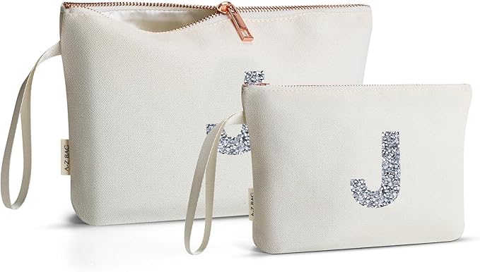 A-Z BAG 2pcs Personalised Makeup Bag Set, Canvas Cosmetic Bag with Rhinestone Initial, Birthday Gifts for Women (J, Beige)