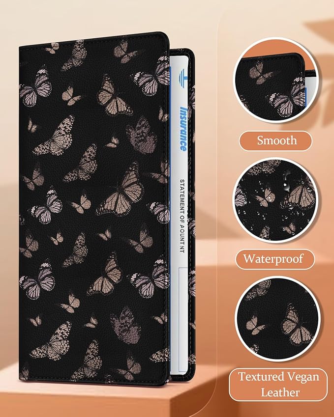 Slohif Car Registration and Insurance Holder - Butterfly Vehicle Glove Box Organizer Women with Magnetic Shut Leather Automobile License Holders Coasters Auto Accessories Case for Document