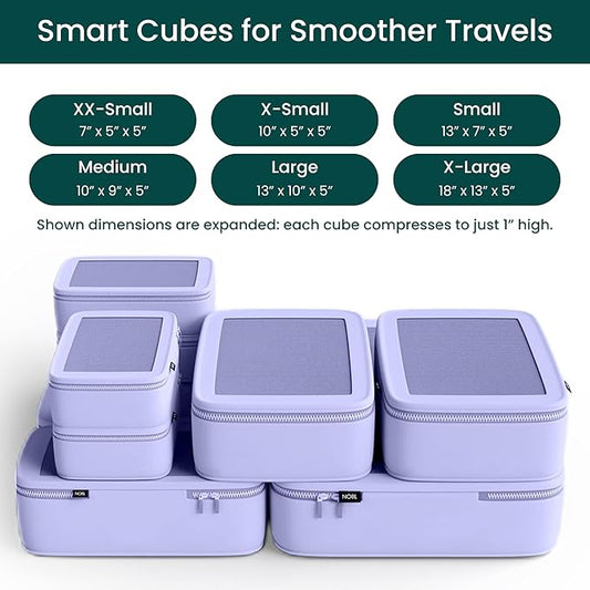 NOBL Travel Compressible Packing Cubes Set, 6 Pieces Travel Packing Organizers, Compression Luggage Cubes for Suitcases & Carry On, Space Saving (XXS, XS, S, M, L, XL) - Lavender