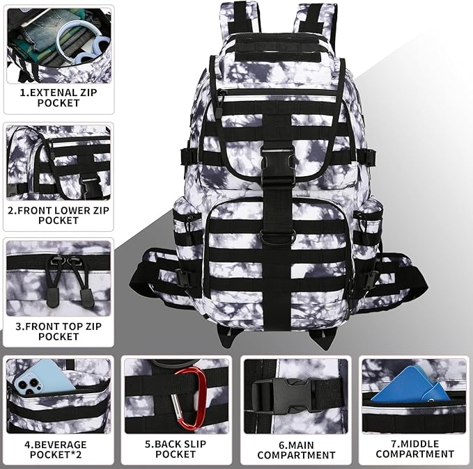 HongXingHai 50L Military Tactical Backpack 3 Day Assault Pack Molle Daypack Hiking Backpack for Men and Women (Black white Tie-Dye)