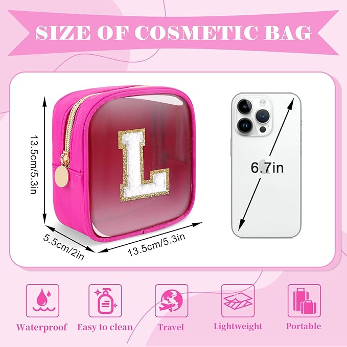 Personalized Initial Letter Clear Preppy Makeup Bag,Mini Nylon Chenille Letter Cosmetic Bag Cute Zipper Pouch Coin Purse for Teen Girls,Portable TSA Approved Travel Essentials Bag Gift for Women,L