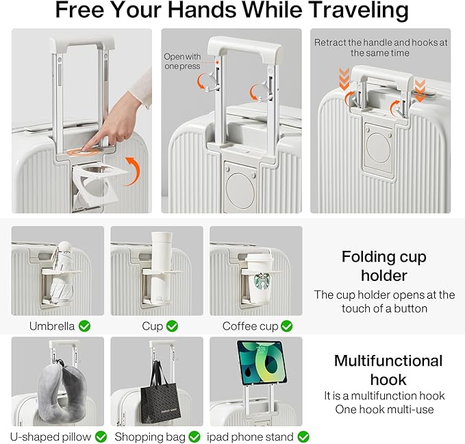 mixi Checked Luggage with Cup Phone Holder Hard Shell Rolling Travel Suitcase with Spinner Wheels,24 Inch Smoke White