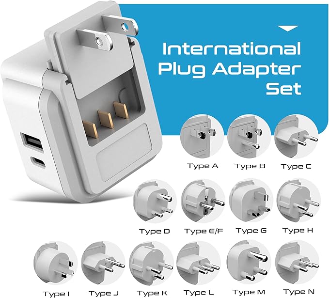 Ceptics International Power Plug Adapter Travel Set, 20W PD & QC, Safe Dual USB & USB-C 3.1A - 2 USA Outlet - Compact - Use Europe, Asia, Africa In Worldwide - Includes 13 Type SWadAPt Attachments